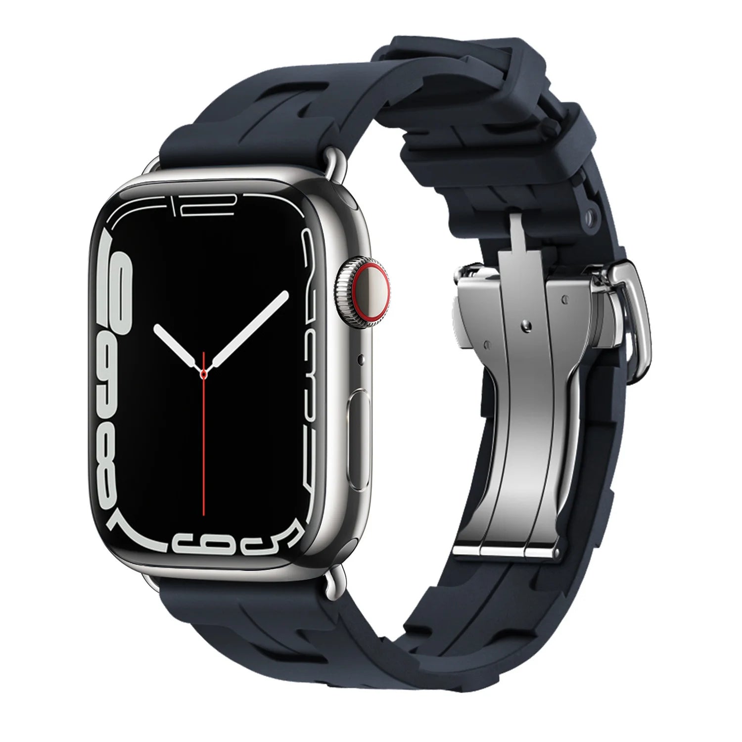 Apple Watch with blue silicone band, soft and flexible, waterproof design for comfort during workouts and outdoor activities.