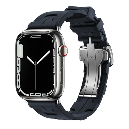 Apple Watch with blue silicone band, soft and flexible, waterproof design for comfort during workouts and outdoor activities.
