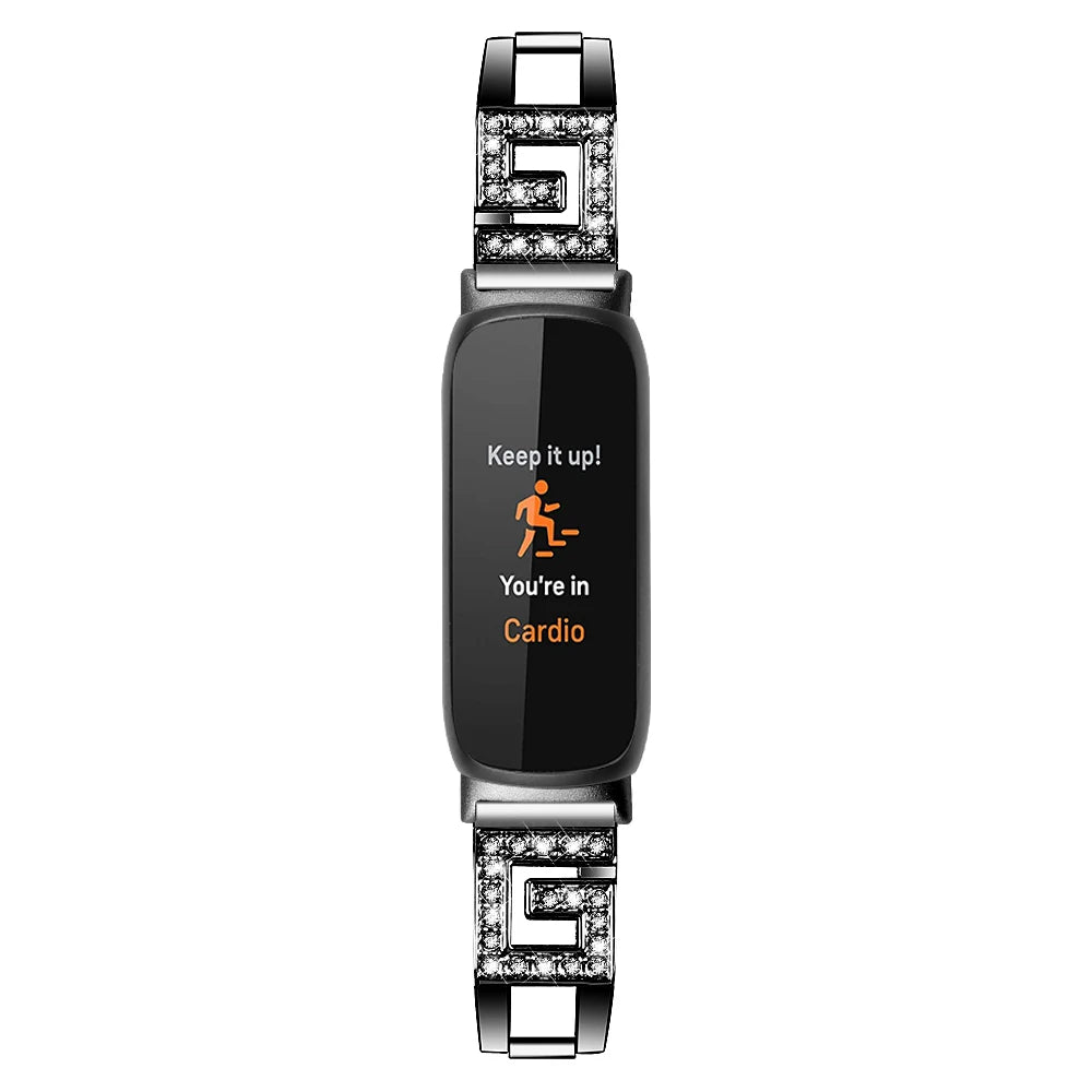Fitbit Inspire 3 with metal diamond band displaying cardio mode, showcasing stylish bandsco straps for smartwatches.