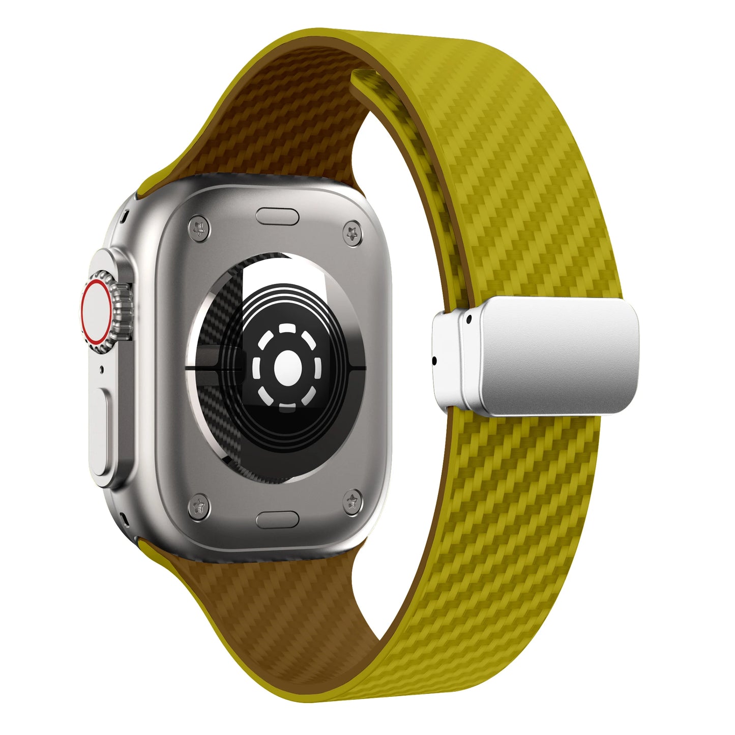 Apple Watch with yellow silicone strap and magnetic buckle, designed for comfort and durability.