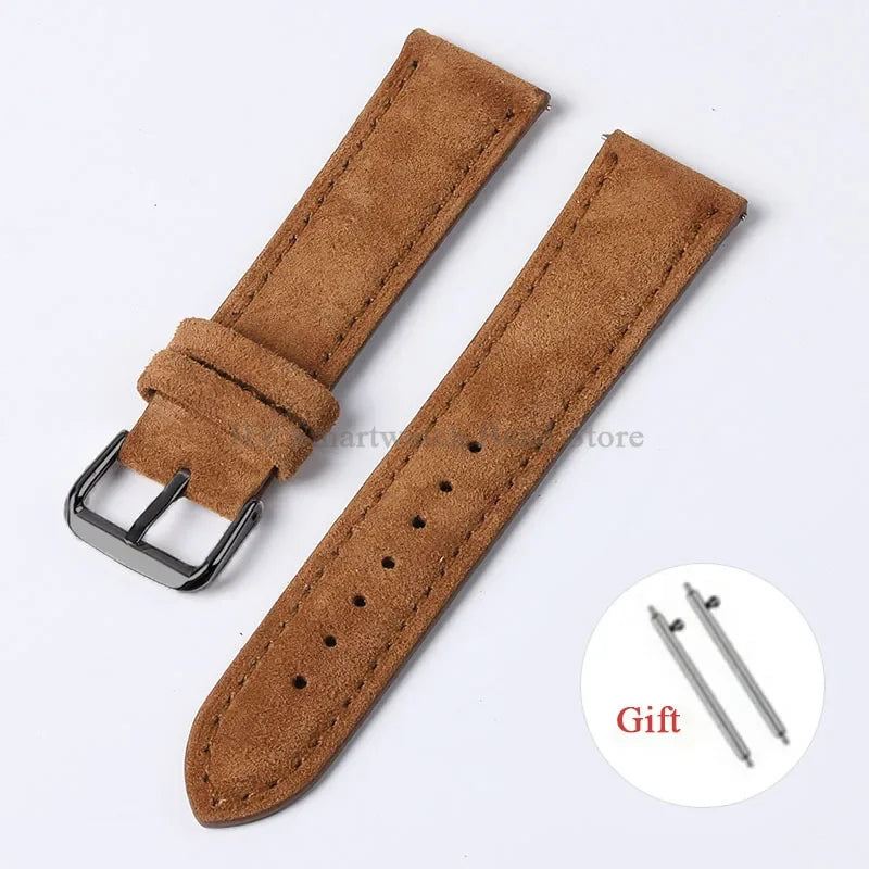 OnePlus Smartwatch Vintage Suede Leather Band Quick Release Strap in brown with silver buckle.