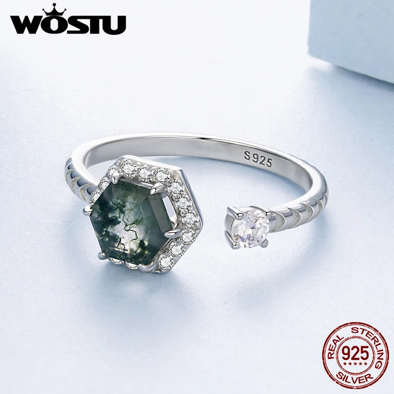 Moss Agate Hexagon Ring, 925 Sterling Silver - view 3