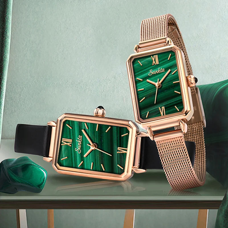 Women's Rectangular Quartz Watch with Mesh Band — Green patterned dial and rose gold-tone mesh