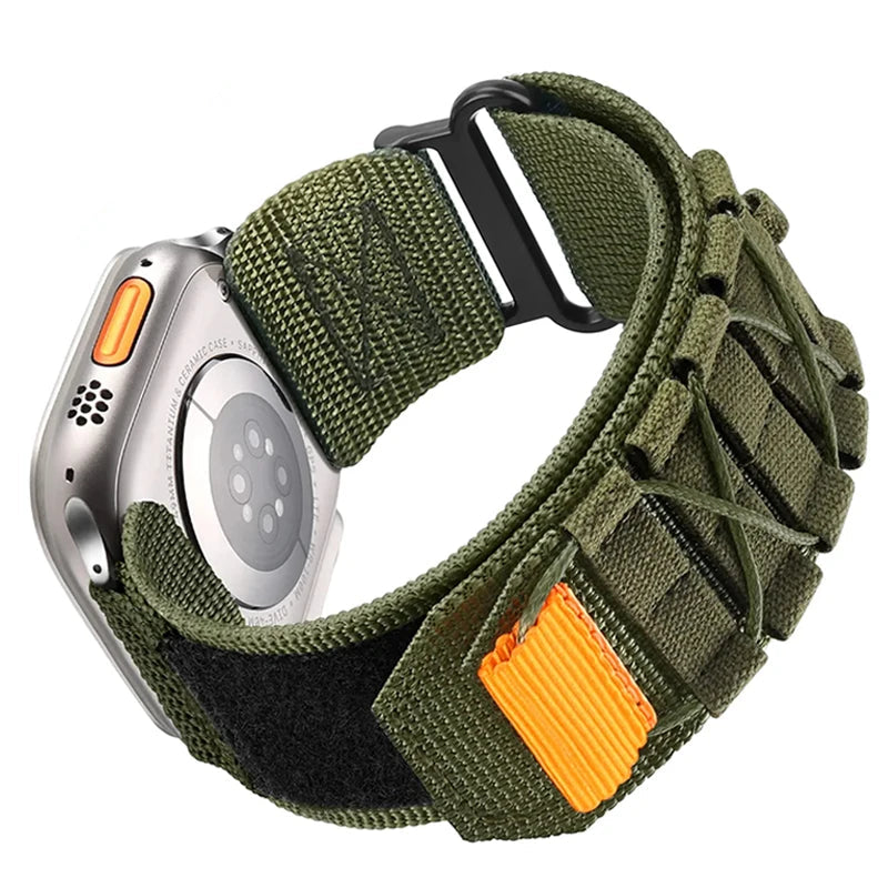 Olive green nylon band with crisscross cord lacing for Apple Watch