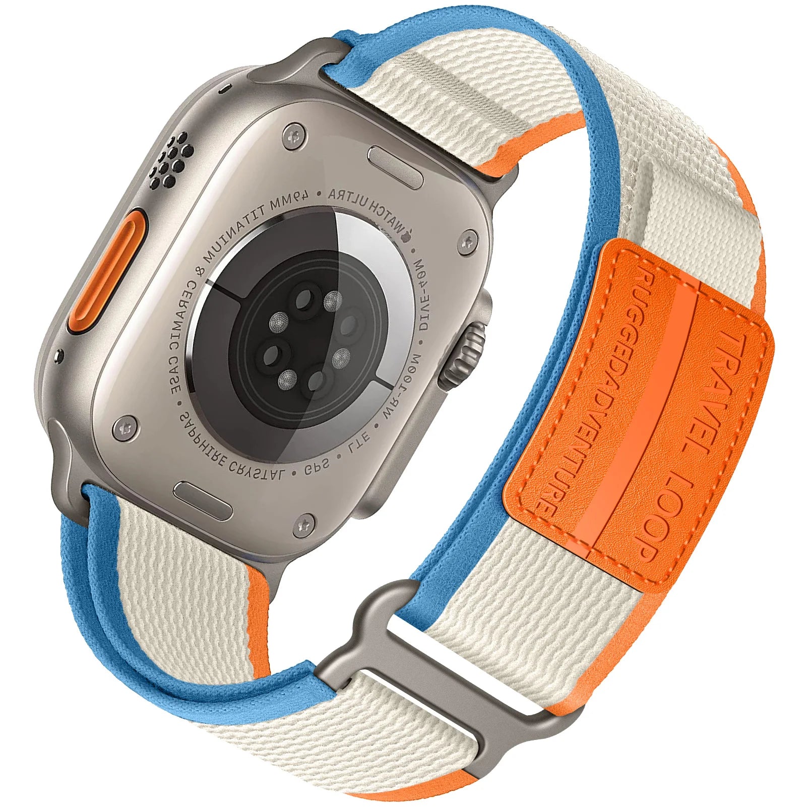 Apple Watch with Rugged Trail Loop Nylon Band in blue, orange, and cream, showcasing durability and adjustable fit.