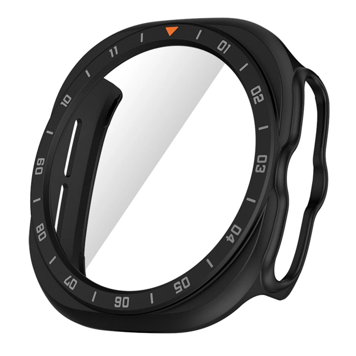 Samsung Galaxy PC Hollow Watch Band - Ultra/Ultra2 Glass Case in black with clear tempered glass screen protector.