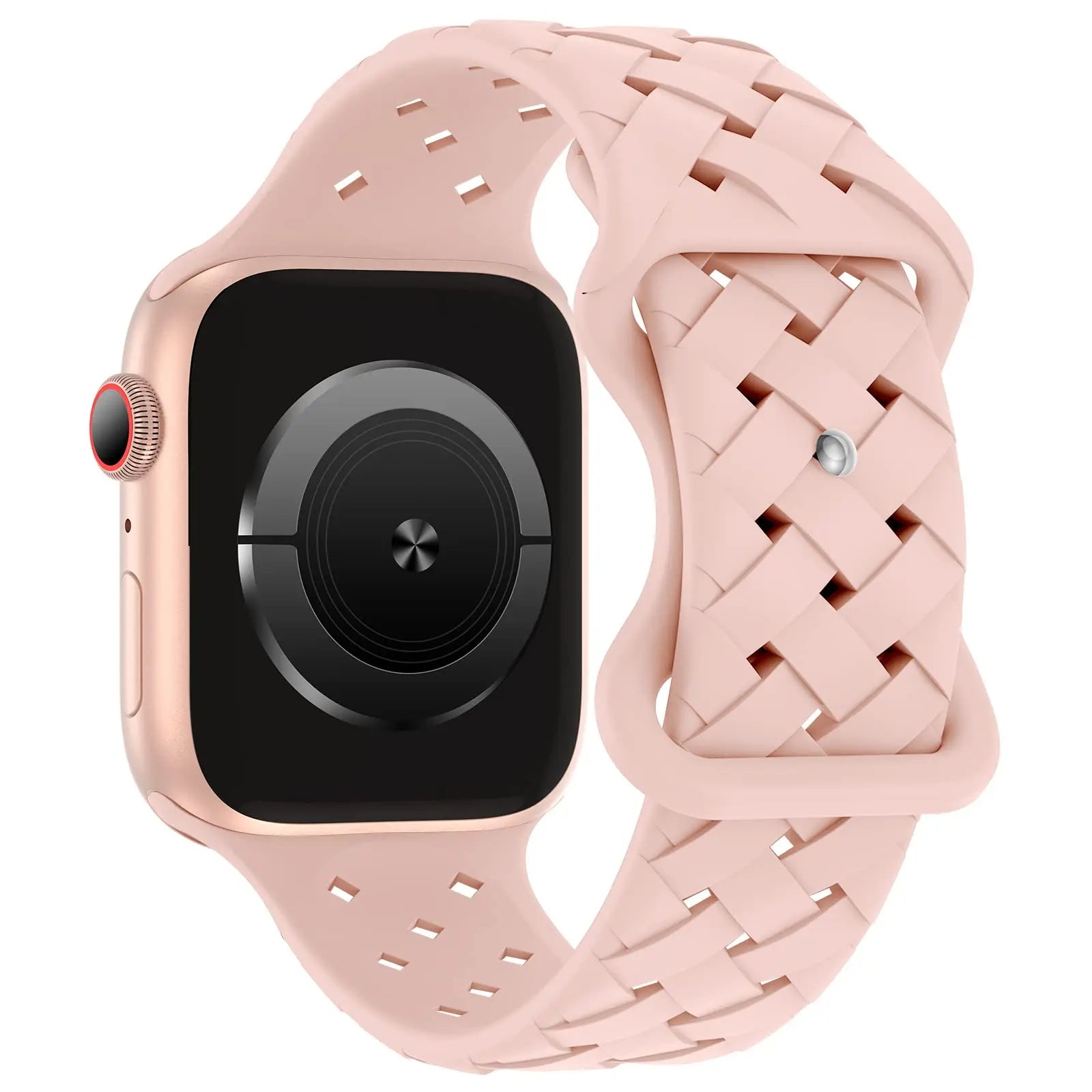 Apple Watch with pink braided silicone strap, sporty and breathable design for comfort during active lifestyles.
