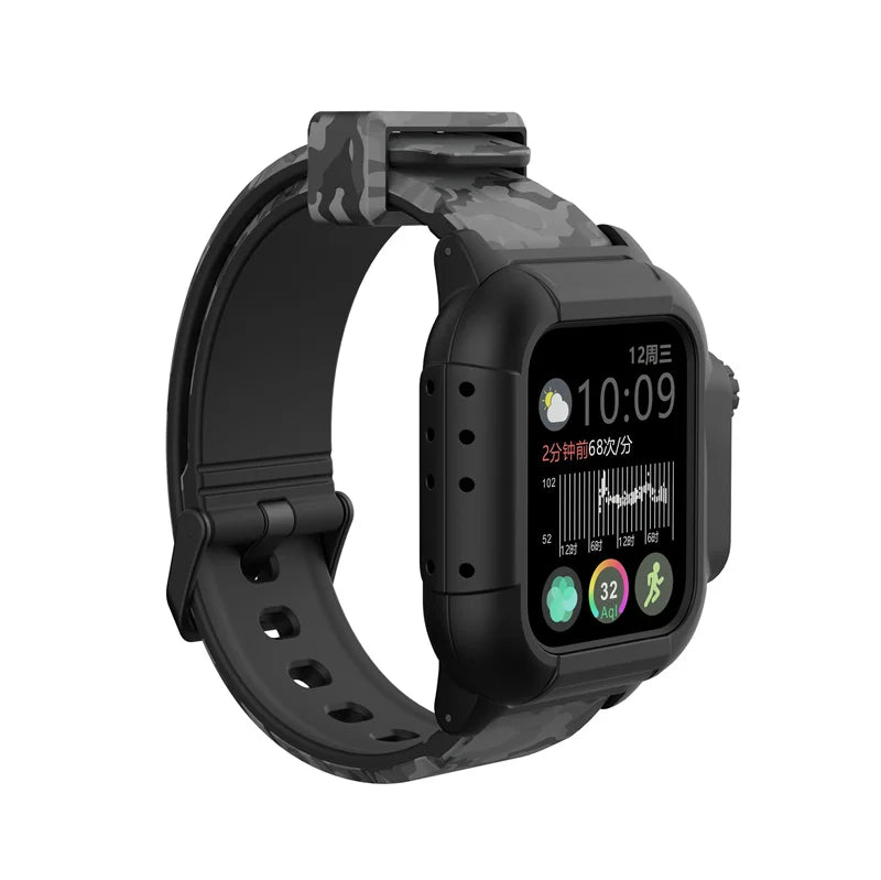 Black camo silicone strap for smartwatch, featuring digital display and sports tracking functionality.