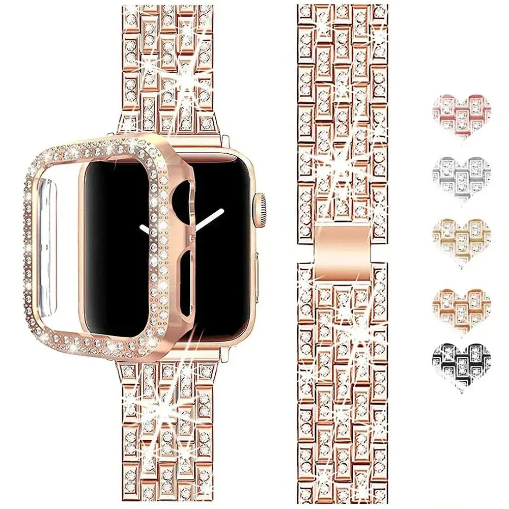 Rhinestone Apple Watch bracelet and matching case with finish preview swatches