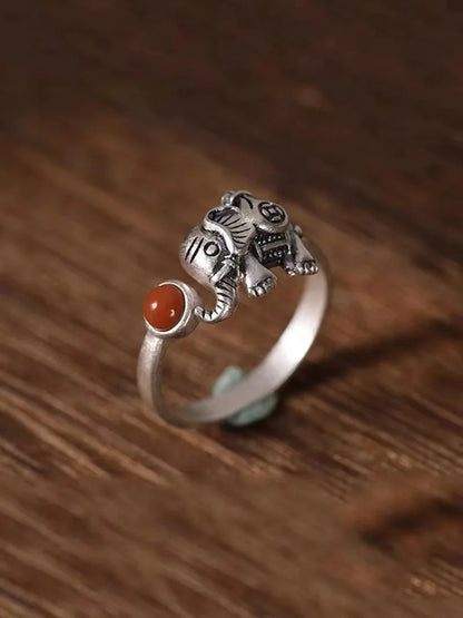 Red Agate Elephant Ring, 925 Sterling Silver - view 4