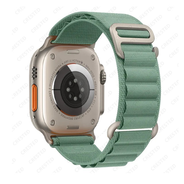 Apple Watch Rugged Alpine Loop Nylon Strap in green, showcasing durability and adjustable fit.