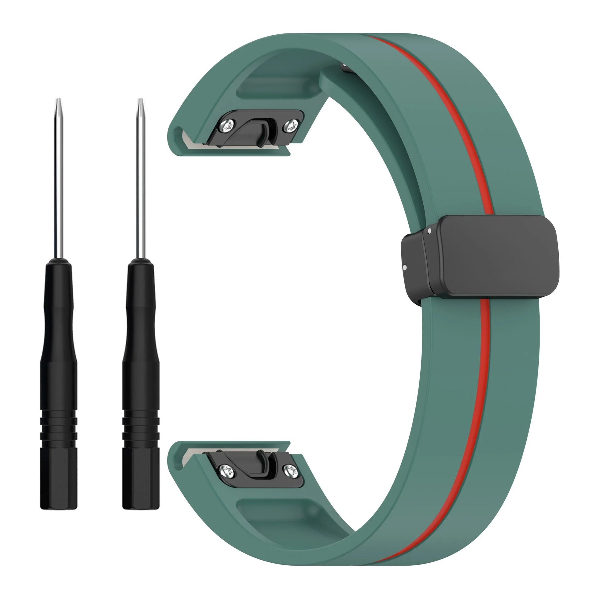 Garmin silicone strap in teal with red accent, includes tools for quick installation, perfect replacement for smartwatch bands.