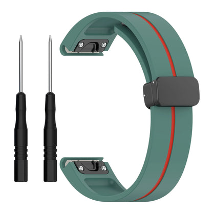 Garmin silicone strap in teal with red accent, includes tools for quick installation, perfect replacement for smartwatch bands.