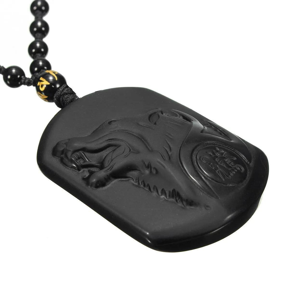 Carved Obsidian Wolf Head Pendant Necklace on Obsidian Bead Chain