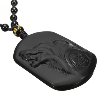 Carved Obsidian Wolf Head Pendant Necklace on Obsidian Bead Chain