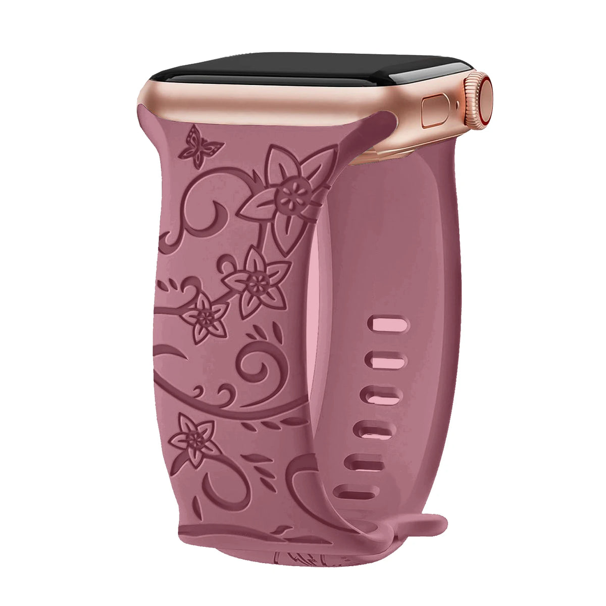 Engraved Botanical Silicone Apple Watch Band in Mauve / Floral Scroll