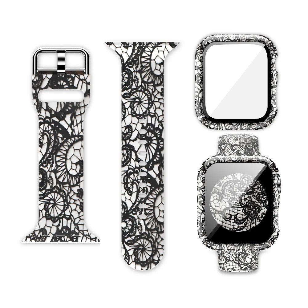 Apple Watch silicone strap with unique black and white floral design, showcasing style and comfort for smartwatch wearers.