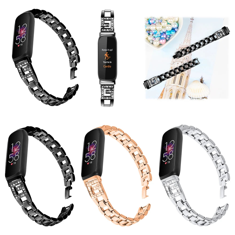 Fitbit Inspire 3 metal diamond bands in black, rose gold, and silver with elegant design and adjustable straps.
