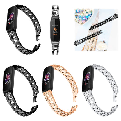 Fitbit Inspire 3 metal diamond bands in black, rose gold, and silver with elegant design and adjustable straps.