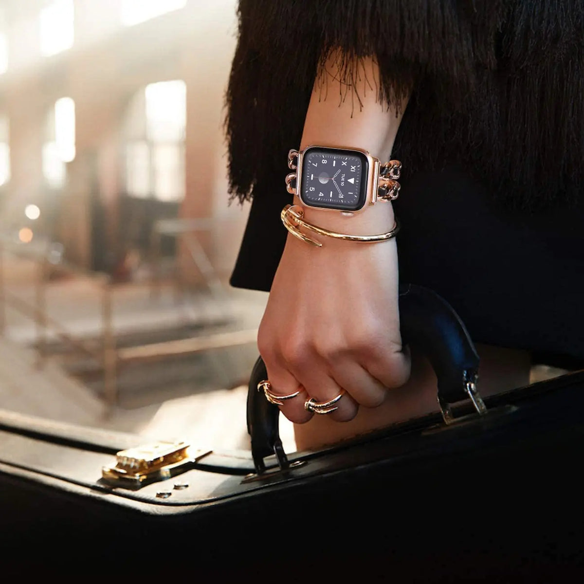 Chain Apple Watch bracelet styled with an outfit