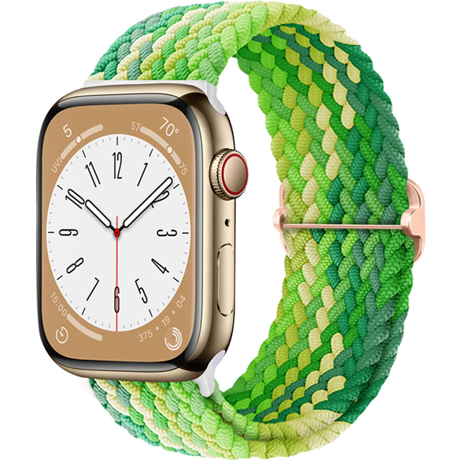 Apple Watch with braided green nylon strap, showcasing a stylish and comfortable design for everyday wear.