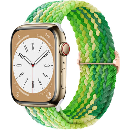 Apple Watch with braided green nylon strap, showcasing a stylish and comfortable design for everyday wear.