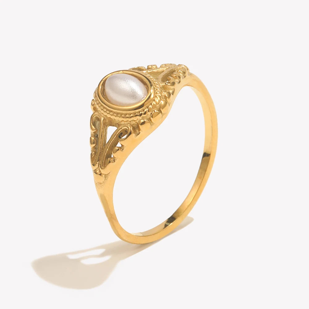 Hollow Texture Freshwater Pearl Ring, 18K Gold-Plated Stainless Steel, Sizes 5-10