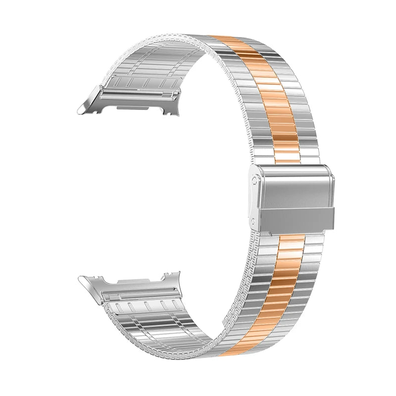 Samsung Galaxy Stainless Steel Link Watch Band - Watch8/Watch8 Classic/Watch9 Business in silver and rose gold.