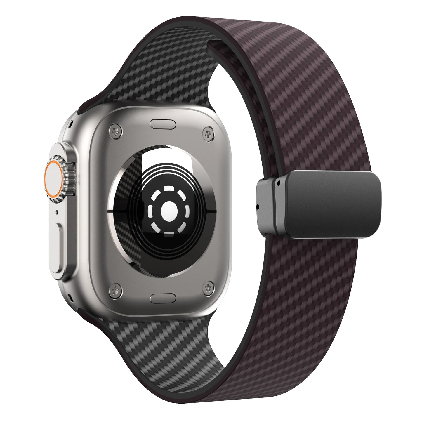 Apple Watch with silicone strap featuring magnetic buckle and durable design, showcasing comfort and style.