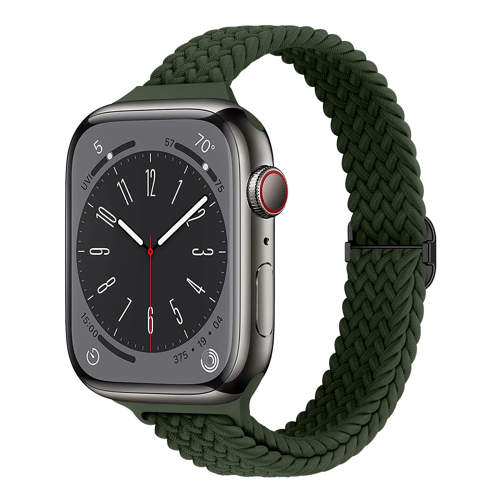 Apple Watch with green nylon braided band, featuring soft breathable material for all-day comfort and style.