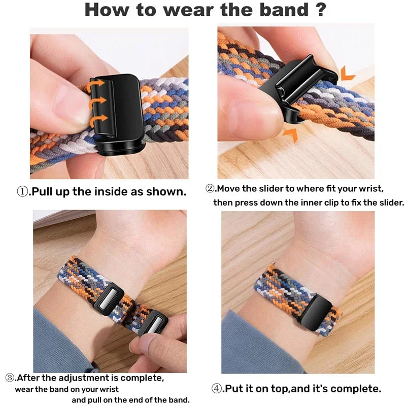 Step-by-step guide on adjusting and wearing an Apple Watch nylon braided band.