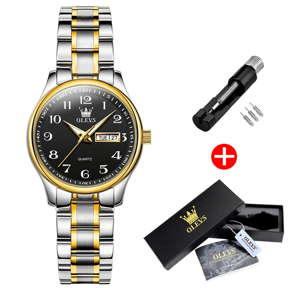 Women's Arabic Numeral Day-Date Bracelet Watch — Two Tone / Black Dial — BandsCo Straps