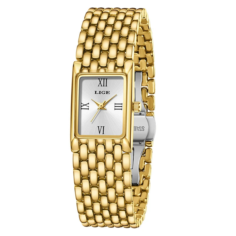 Women's Rectangular Roman Dial Bracelet Watch — Gold Tone / White Dial — BandsCo Straps