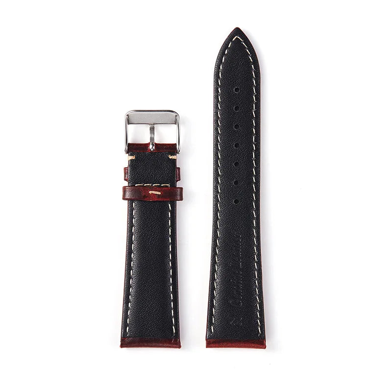 OnePlus Watch Bands, Oil Wax Leather Strap, Cowhide Replacement Band in black with silver buckle and stitching details.