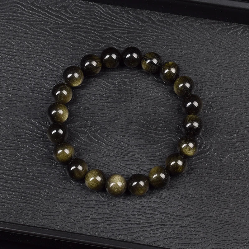 Golden or Silver Sheen Obsidian Bead Bracelet, 6mm or 8mm