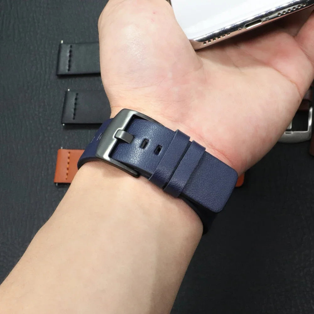 Garmin QuickFit Minimal Leather Band navy leather strap shown on a wrist