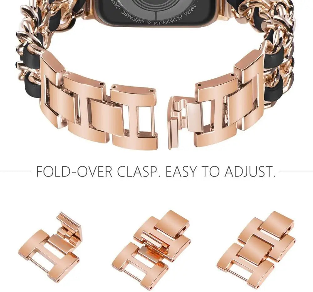Fold-over clasp and removable clasp-link details for Apple Watch