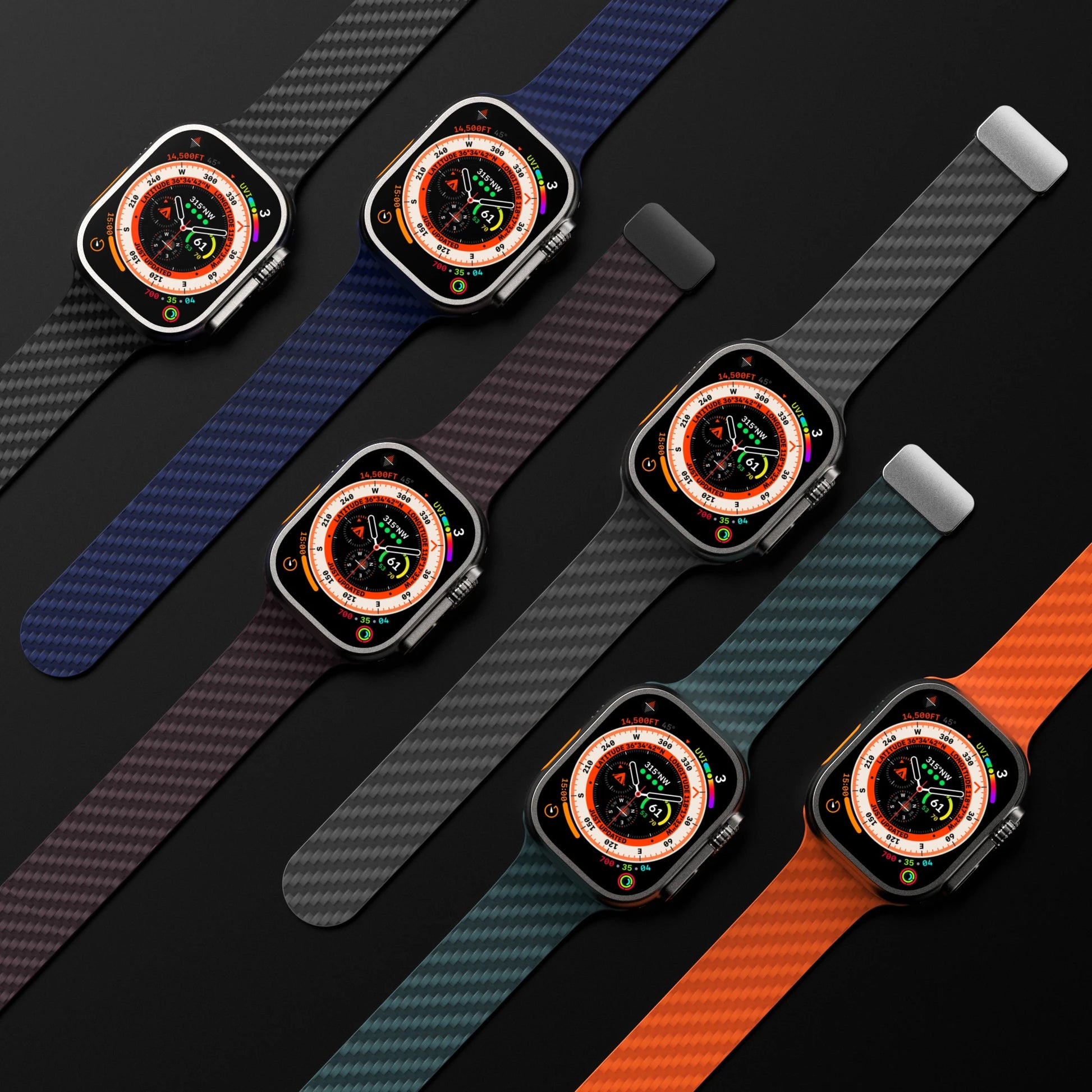 Assorted Apple Watch styles with silicone straps in various colors against a dark background.
