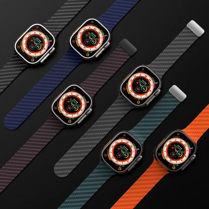 Assorted Apple Watch styles with silicone straps in various colors against a dark background.