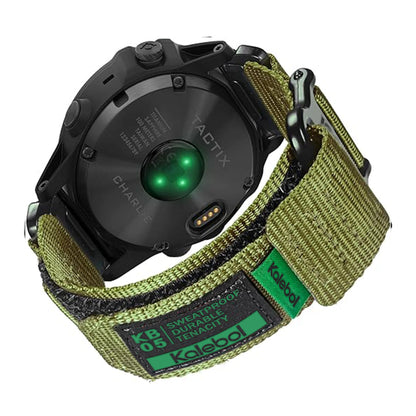 Garmin smartwatch with tactical nylon strap, showcasing durability and comfort for active lifestyles.