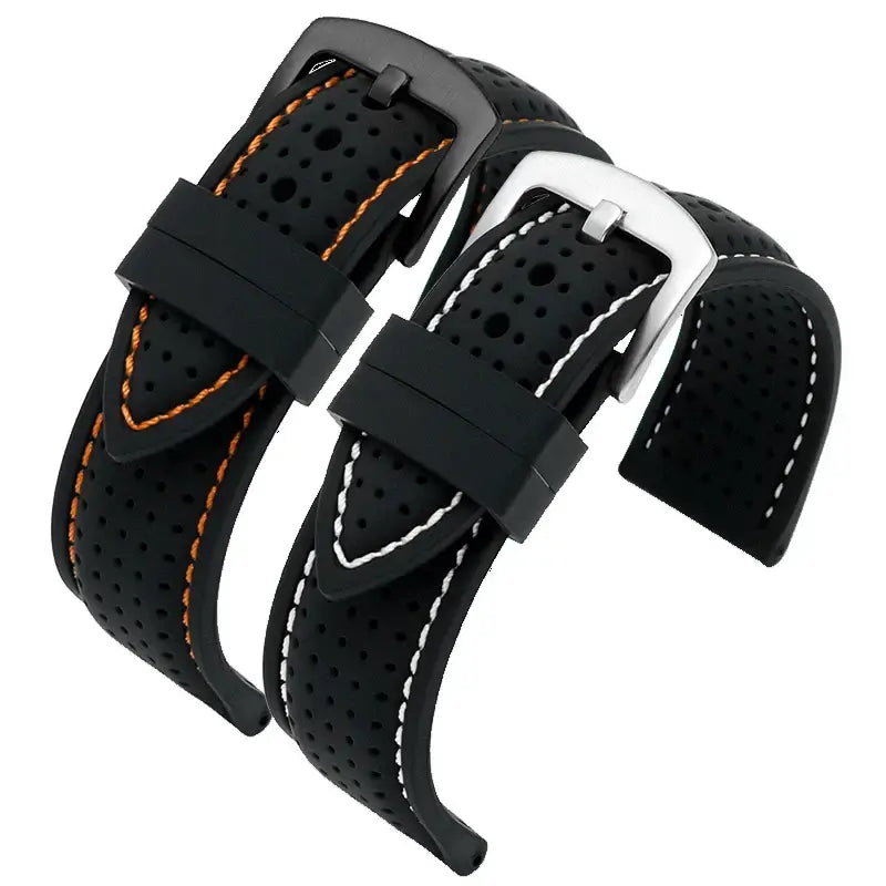 Breathable silicone Suunto watch bands in black with orange and white stitching, perfect for a stylish, personalized look.