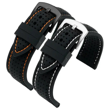 Breathable silicone Suunto watch bands in black with orange and white stitching, perfect for a stylish, personalized look.
