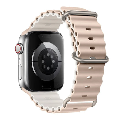 Apple Watch with waterproof silicone strap in blush color, ideal for active lifestyles and comfortable wear.