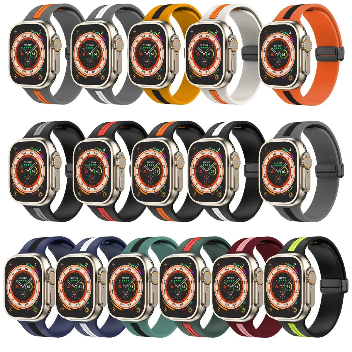 Striped silicone Apple Watch bands displayed in assorted color combinations