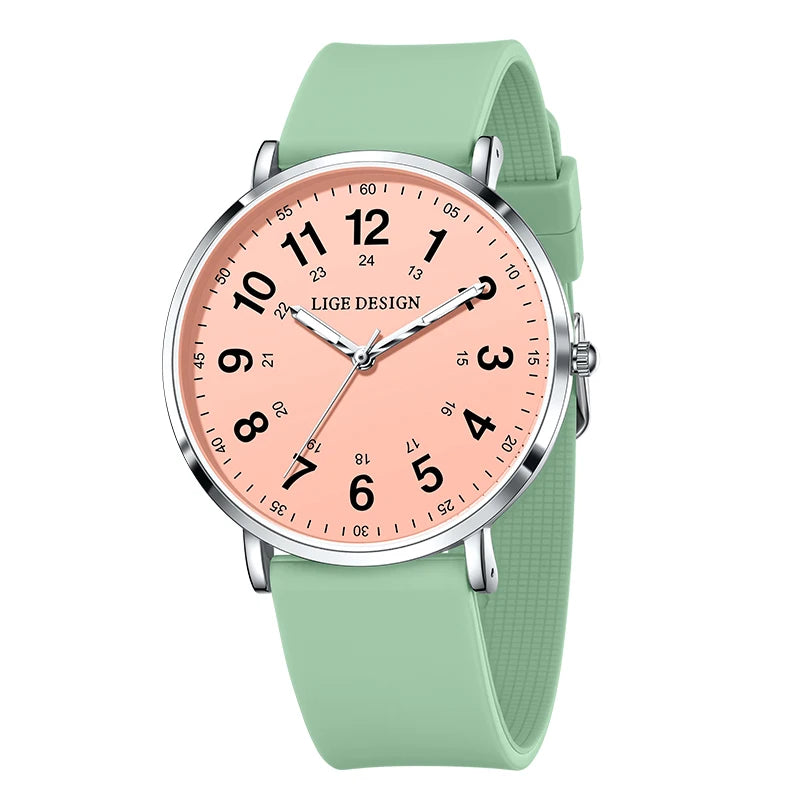 Women's Arabic Numeral Silicone Quartz Watch — Mint Green / Silver Tone / Pink Dial — BandsCo Straps