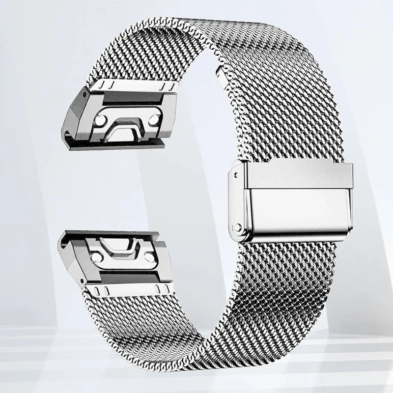 Garmin stainless steel band for smartwatch, durable mesh strap, adjustable replacement quickfit bracelet.