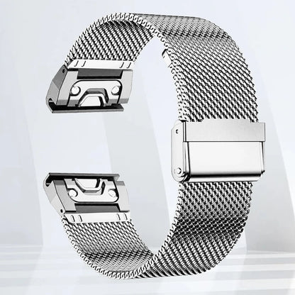 Garmin stainless steel band for smartwatch, durable mesh strap, adjustable replacement quickfit bracelet.