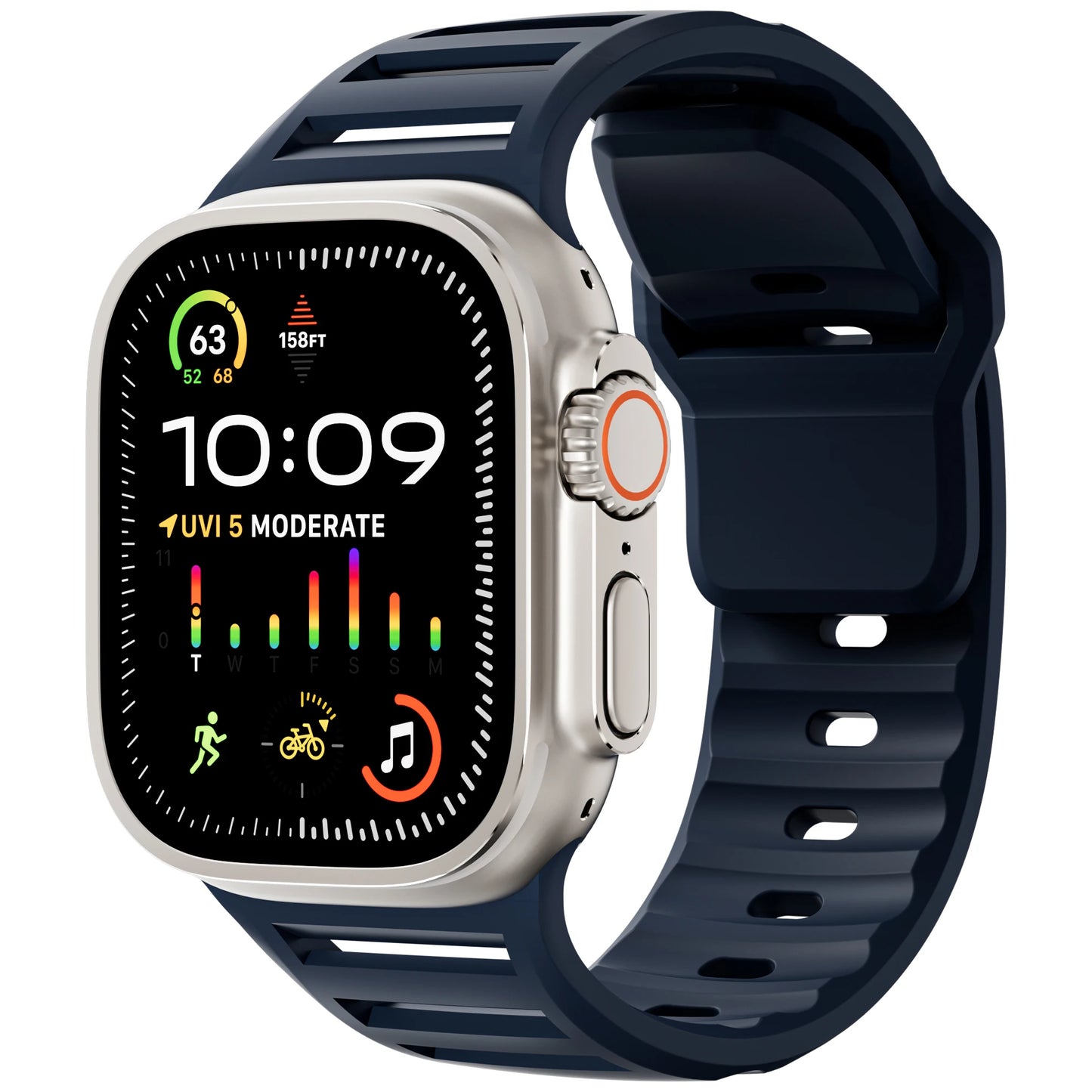 Apple Watch with navy silicone strap, featuring a bright display and fitness tracking capabilities.