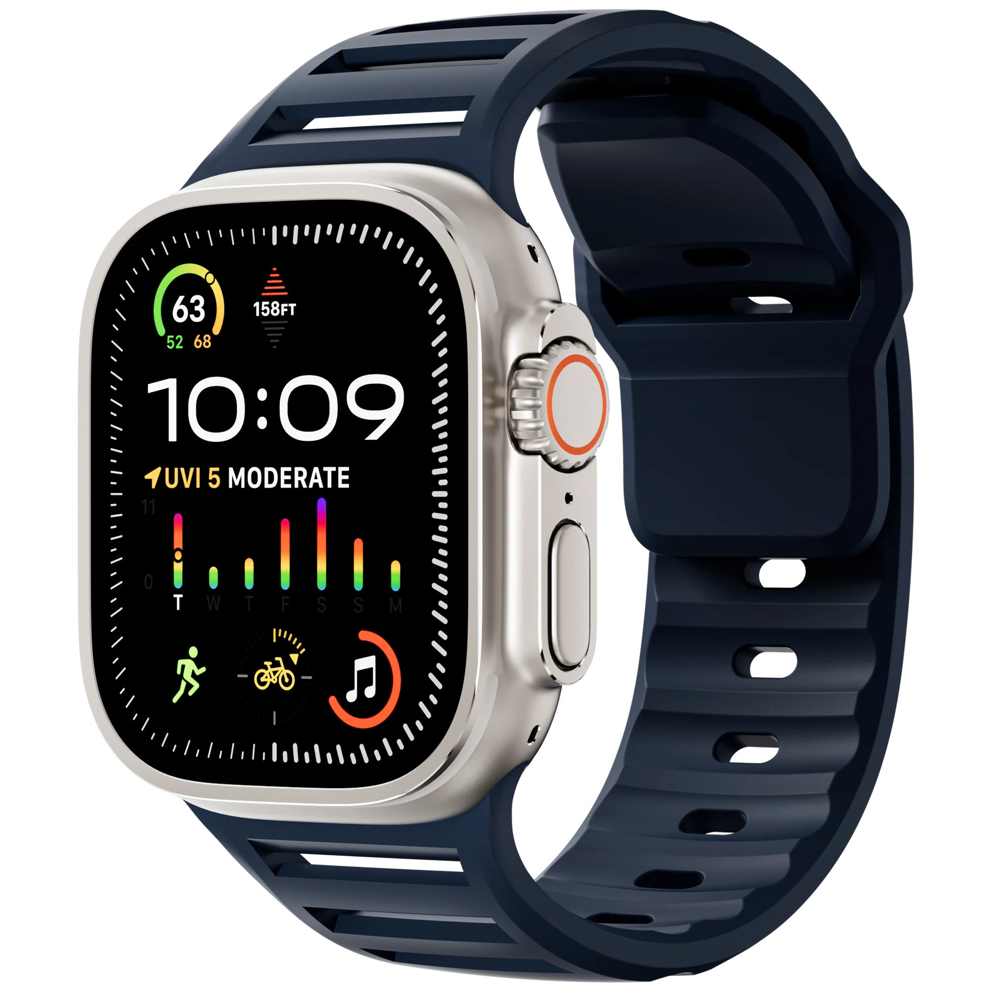 Apple Watch with navy silicone strap, featuring a bright display and fitness tracking capabilities.