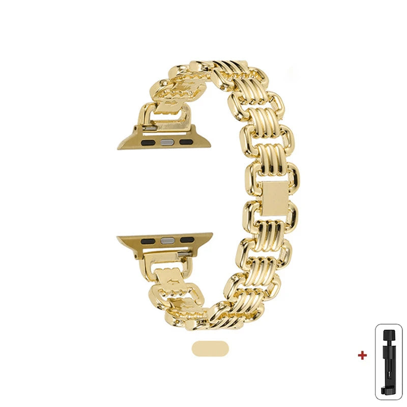 Apple Watch Metal Band in gold with luxury chain design, adjustable strap for a perfect fit and sleek style.